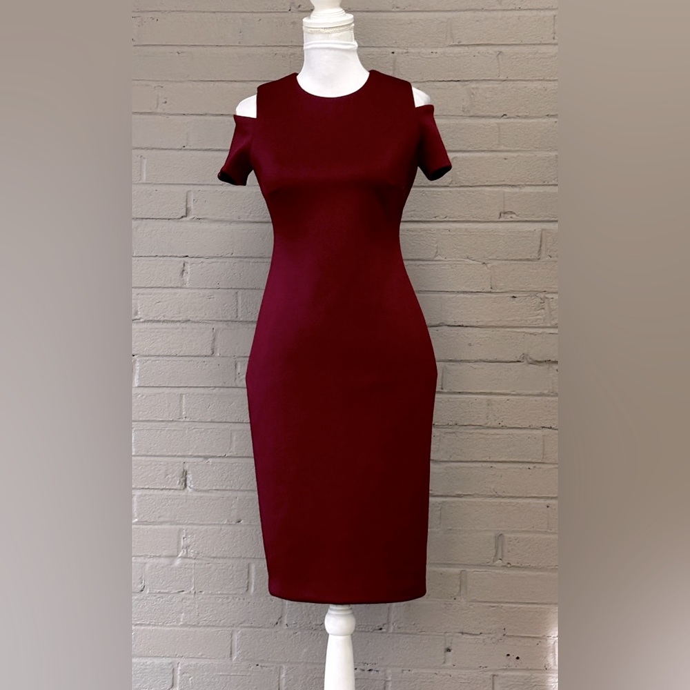 Calvin Klein brown burgundy stretch cold shoulder dress 8